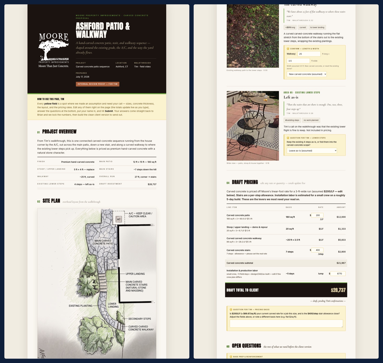 Two zoomed-out columns of a branded proposal website: a dark cover page with the contractor's logo and project title, a project overview, a drawn site plan; then walkthrough photos with scope notes, an itemized pricing table with editable rates, and a draft total of $28,737.