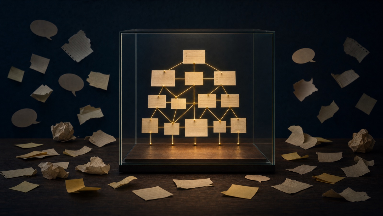 Illustration: a glass display case holding an ordered, gold-lit network of note cards, surrounded by crumpled papers and empty speech bubbles scattered in the dark.