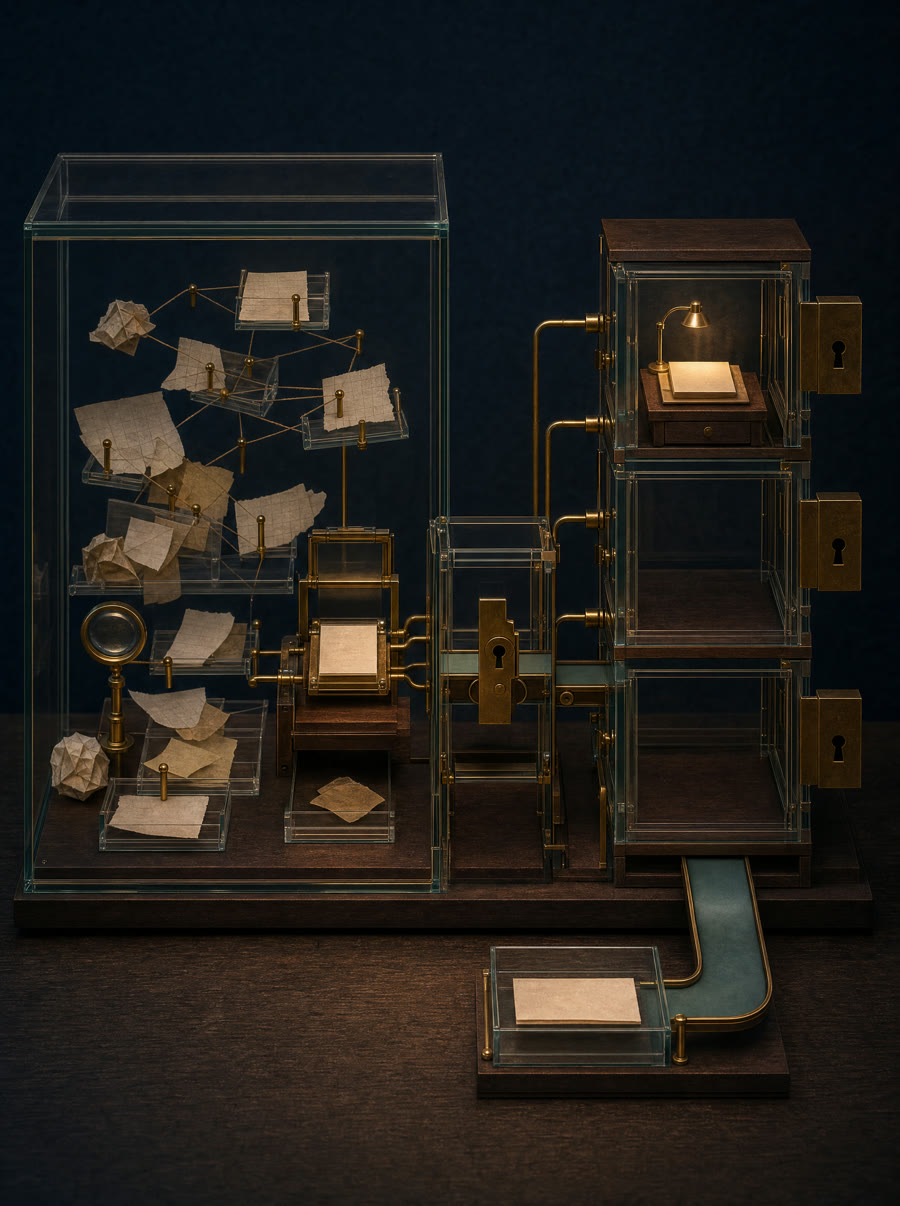 A large glass knowledge refinery feeding one small, locked execution workspace