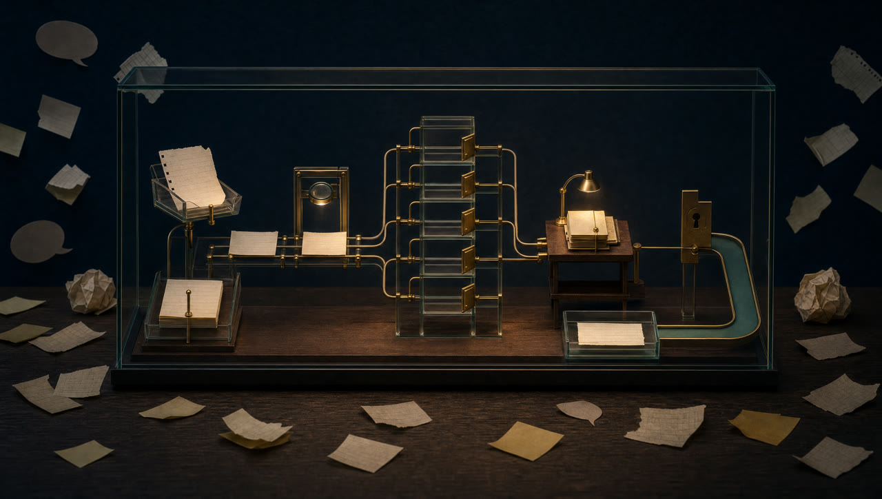 A glass workshop that preserves incoming ideas and routes one small golden ball into one separate workspace