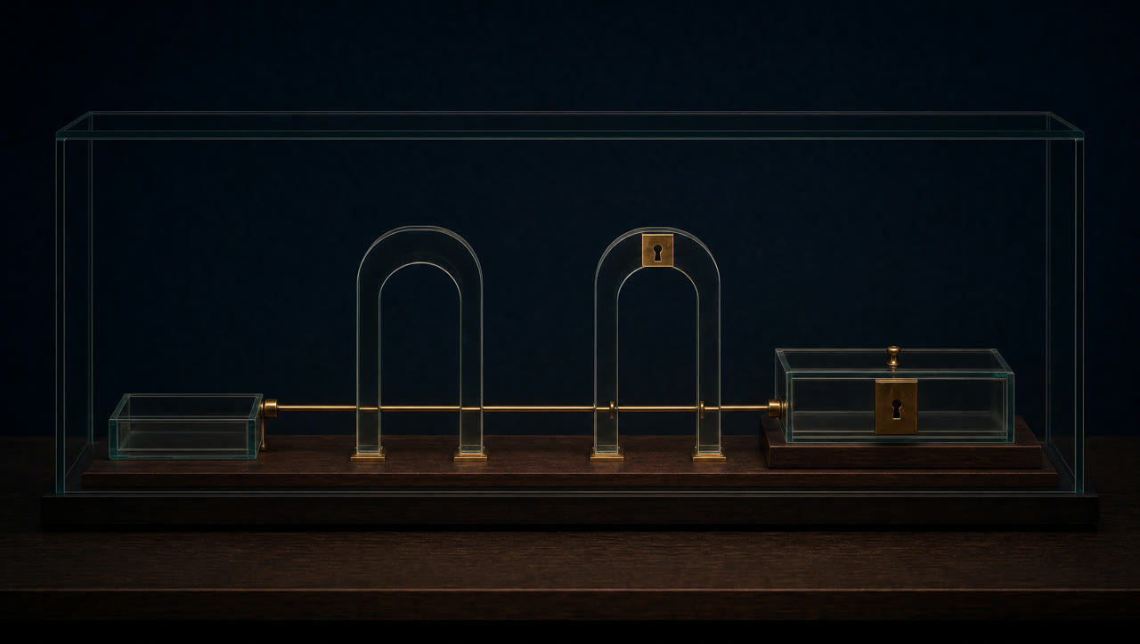 A glass inspection rail with one open evidence gate followed by a separate locked permission gate